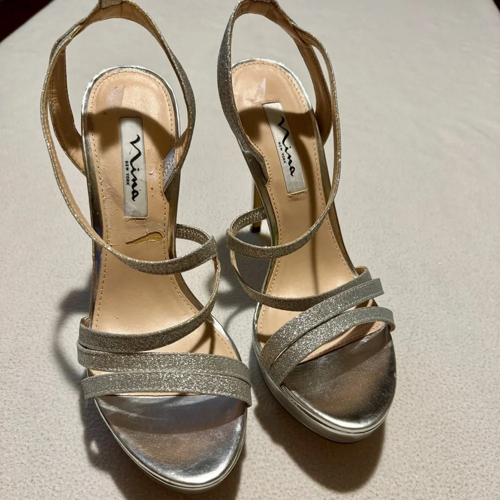 (9.5) Nina Wrapping Silver Glitter Strap 5” Platform Stiletto Sandals